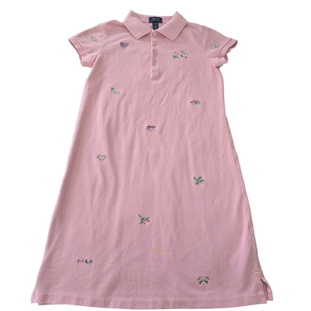 Polo Ralph Lauren Girls Pink Polo Dress Hearts Embroidered Sz L Vacation Resort